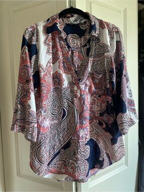 New York & Company Navy Blue and Pink Paisley Blouse